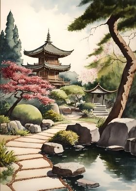 Japanese Garden Watercolor