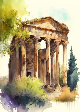 Bacchus Temple Watercolor