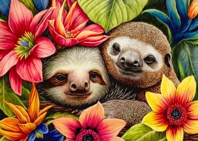 Sloth in tropical flowers