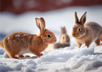rabbits play in the snow