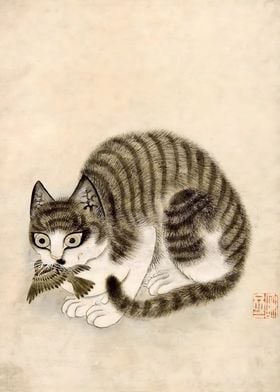 Ukiyo e Cat with bird