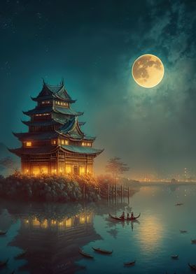 Japan landscape moon