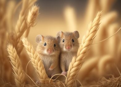 Cute field mice on wheat