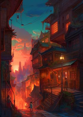 Sunset on a fantasy town