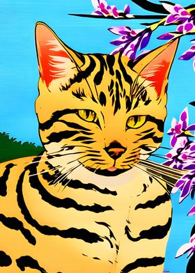 Bengal cat sitting flowers