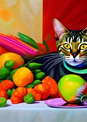 Bengal cat with fruits