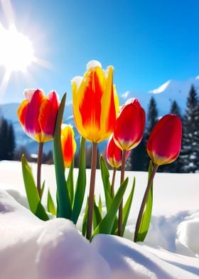 Red Yellow Tulips in Snow