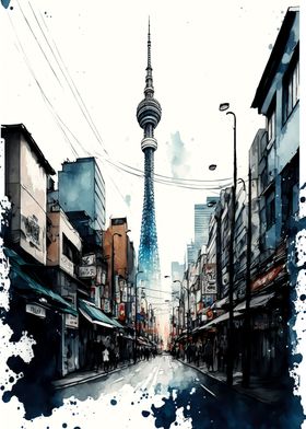 Tokyo city watercolor