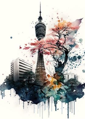 Tokyo city watercolor