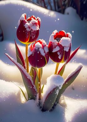 Red Tulips Flowers in Snow