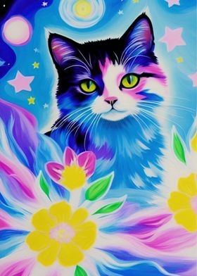 Cosmic Floral Kawaii Cat