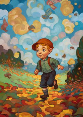 Oil painting running kid