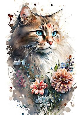 floral cat watercolor