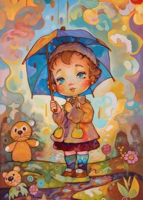 Oil painting kid umbrella