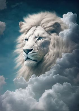 Lion head in white clouds