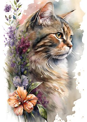 Watercolor floral cat