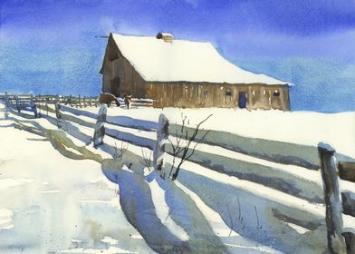 Snowy barn watercolor art