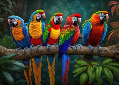 Five parrots on brunch