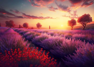 Sunset over lavender field