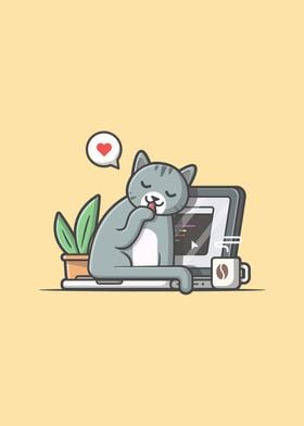 Cat With Laptop Cartoon 