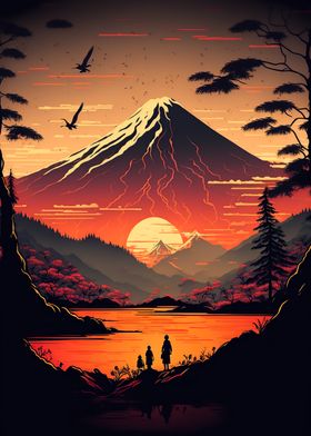 Red Sunset over Mount Fuji