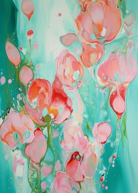 Teal Pink Tulips Fluid Art