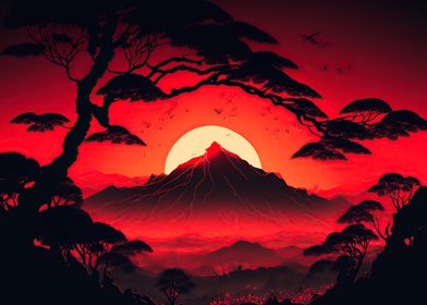 Red Sunset over Mount Fuji