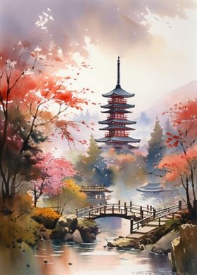 Japanese Temple Watercolor