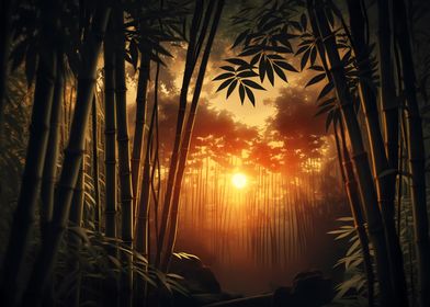 Sunset over bamboo forest