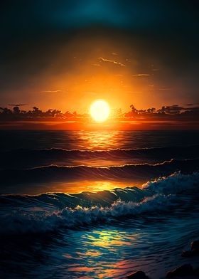 Waves at ocean sunset