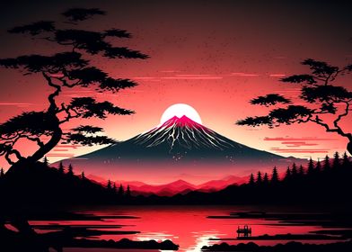 Red Sunset over Mount Fuji