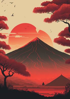 Red Sunset over Mount Fuji