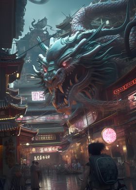 Futuristic Dragon in city