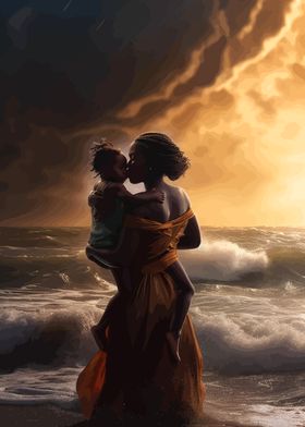 Black Mother Hugging Child