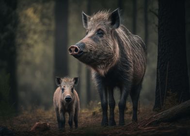 Wild boar with cub