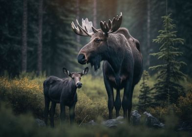 Moose with cub