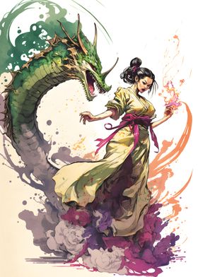 Beautiful girl and dragon