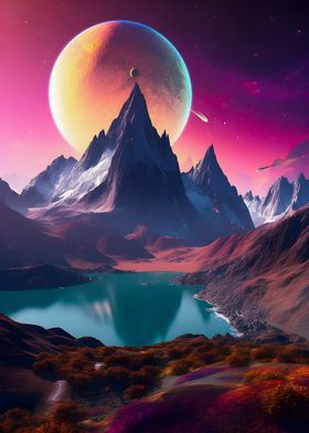 Lake and mountain in space