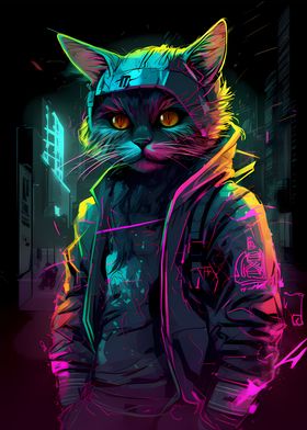 Cat Cyberpunk Neon Art