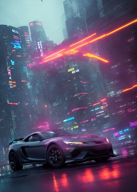 Dark Neon City Sports Car