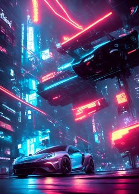 Dark Neon City Sports Car