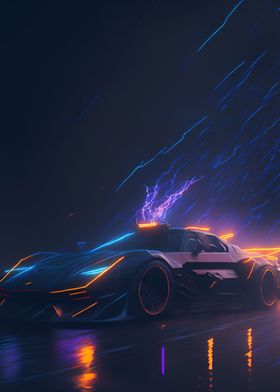 Dark Neon City Sports Car