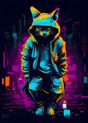 Cat Cyberpunk Neon Art