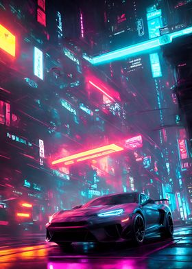 Dark Neon City Sports Car