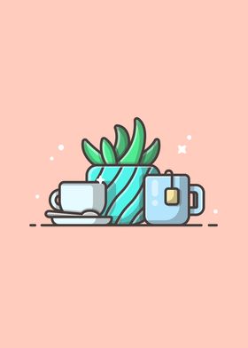 Hot Tea With Plant Cartoon