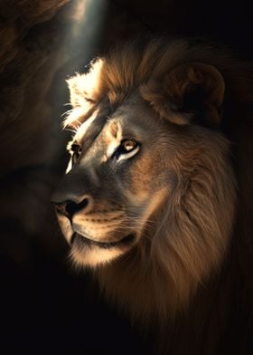 Majestic Lion in Dark Cave