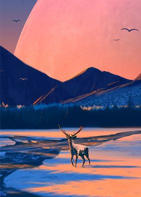 Deer On River Art