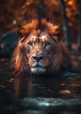 Lion Swimming in River