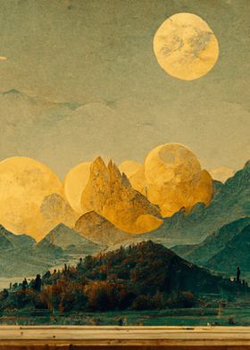 Evening Mountain With Moon