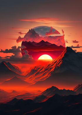 Sunset Mountian Red Moon 